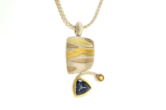 Trillion Iolite & Citrine Leaf Design Silver & 18ct Gold Necklace