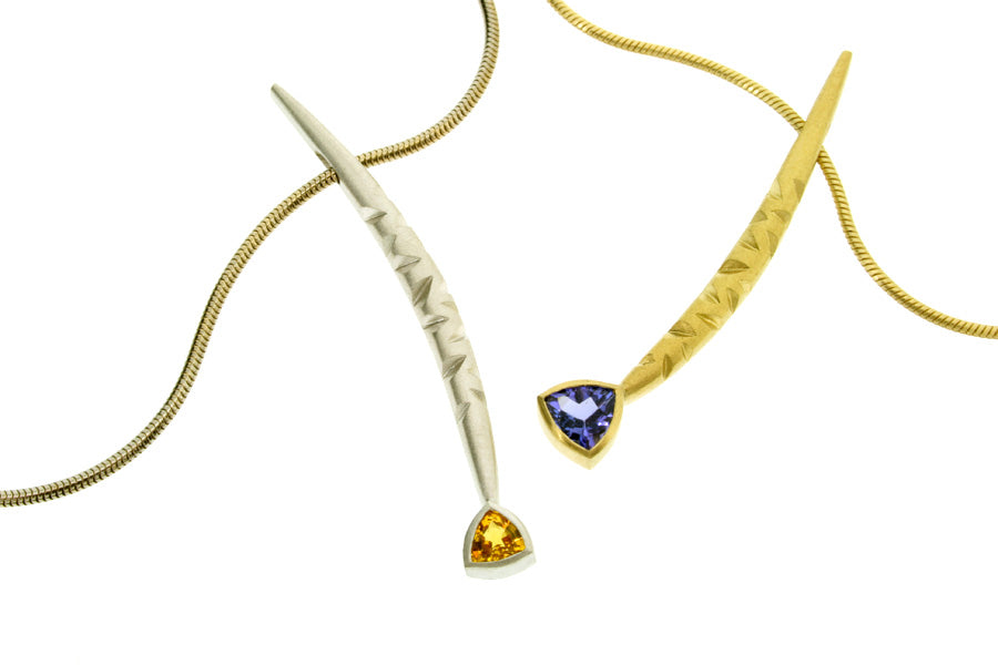 Notch Pattern Trillion Yellow Sapphire & Tanzanite 18ct Gold Necklaces